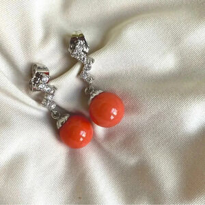 Pink Coral Gemstone Bead & Cubic Zirconia Designer Silverplated Earring Set